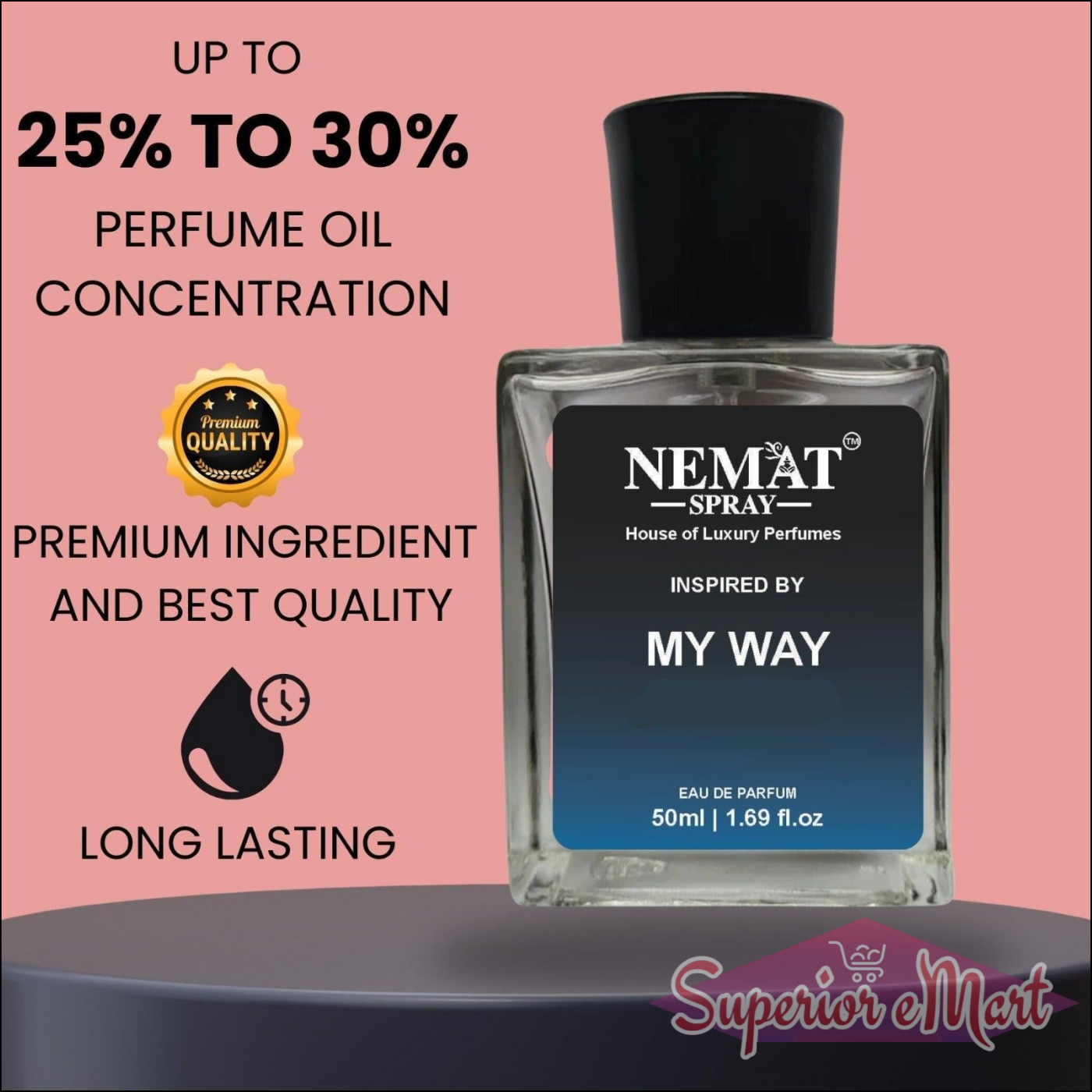 Nemat "Inspired by My Way" perfume. Clear bottle, blue label. Pink background. 25-30% oil concentration, long lasting.