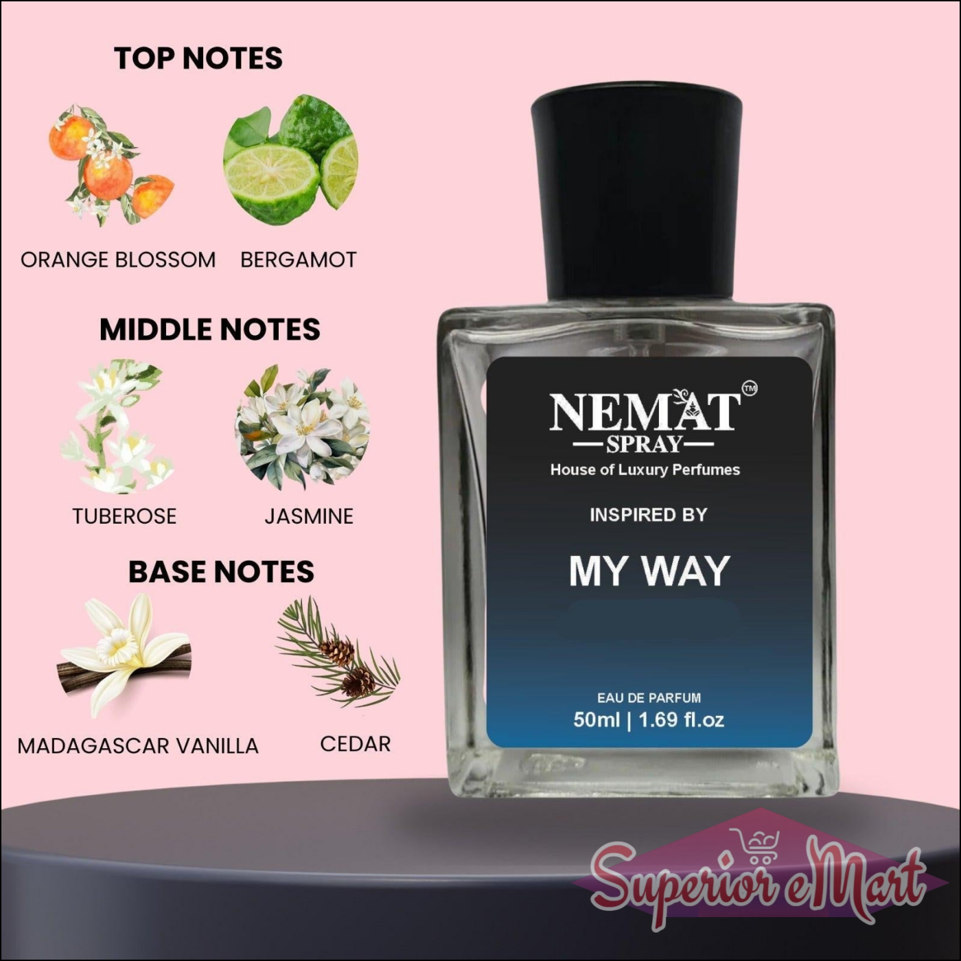 Nemat Spray 'Inspired by My Way' perfume bottle with scent notes: bergamot, jasmine, vanilla, and cedar on pink.