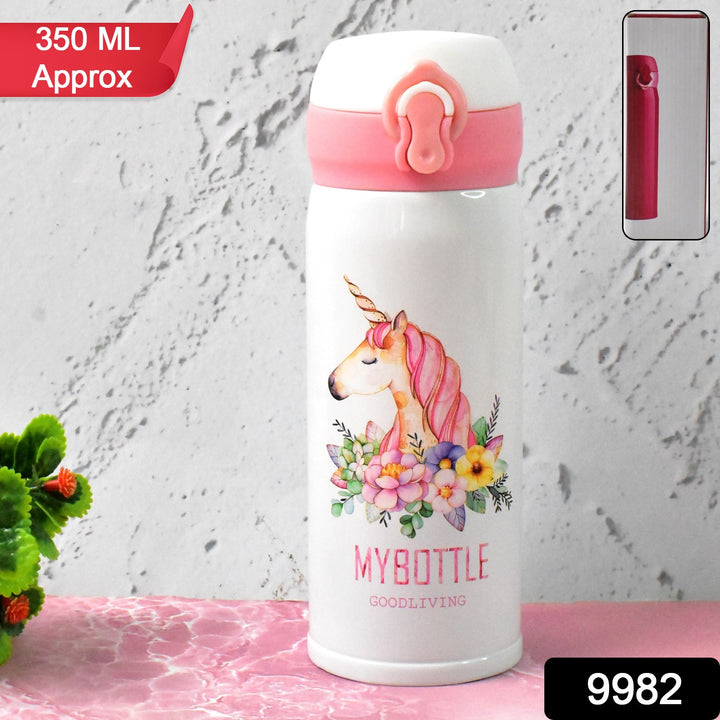 350ml vacuum flask for kids with unicorn design and pink cap, perfect for keeping drinks hot or cold