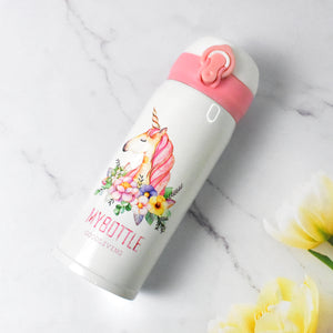 350ml vacuum flask for kids with unicorn design and pink lid by Superior eMart