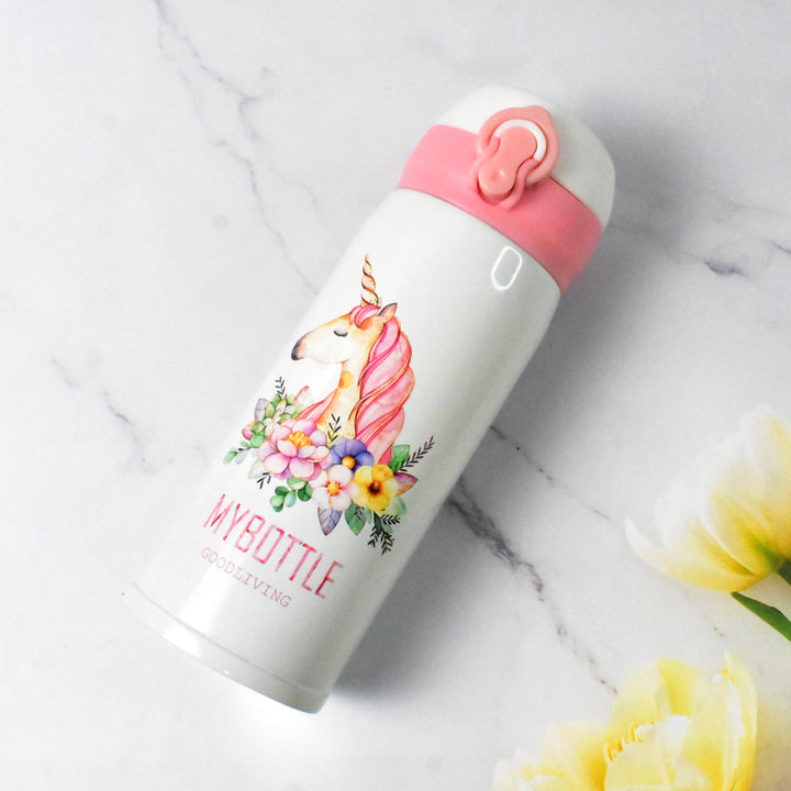 350ml vacuum flask for kids with unicorn design and pink lid by Superior eMart