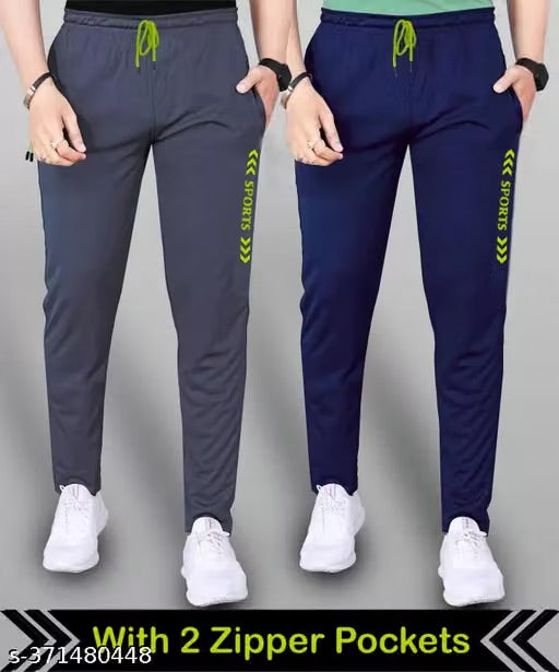 Track Pants for Men || Activewear Pants || Men’s Joggers Polyester with 2 Side Zipper Pockets Casual Trousers Stretchable (Sports | Gym | Yoga) (Green Sport)(Pack of 2)