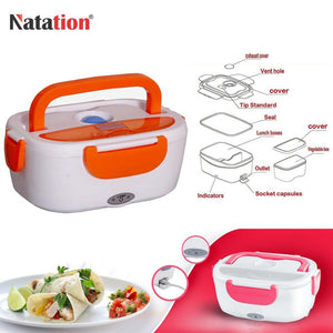 Electric lunch box with orange handles and compartments for heating meals on the go