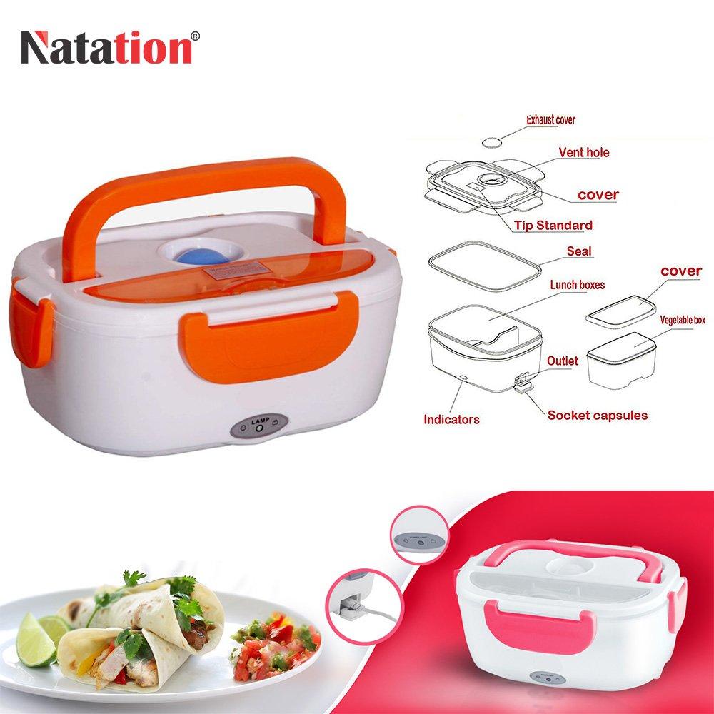 Electric lunch box with orange handles and compartments for heating meals on the go