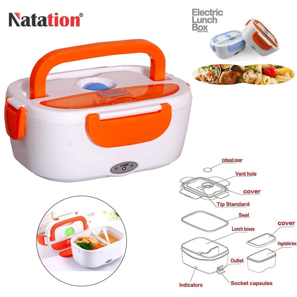 Electric lunch box with two compartments, steam vent, and visible food indicators for easy meal transport