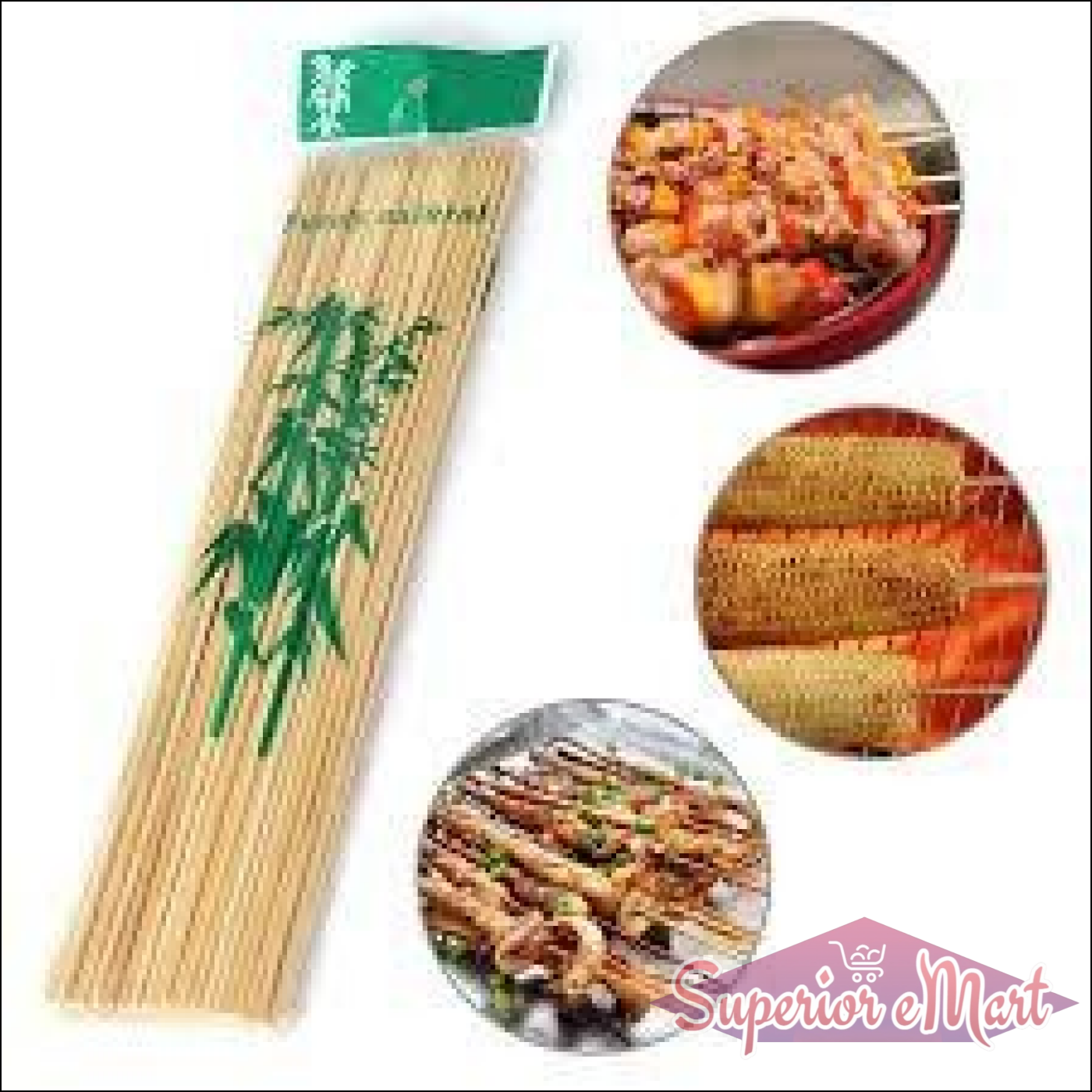 Pack of natural bamboo skewers ideal for grilling and outdoor cooking with various food options