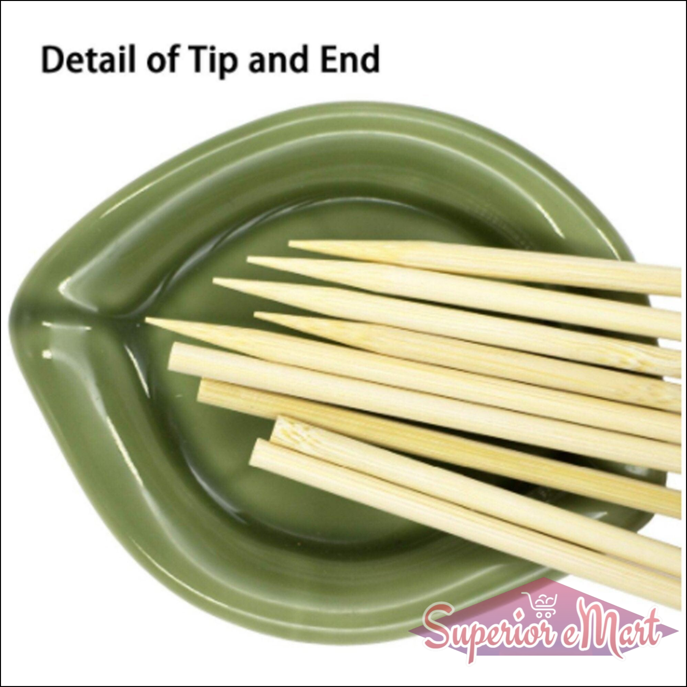 Natural bamboo skewers displayed on a green leaf-shaped plate showing details of the tip and end