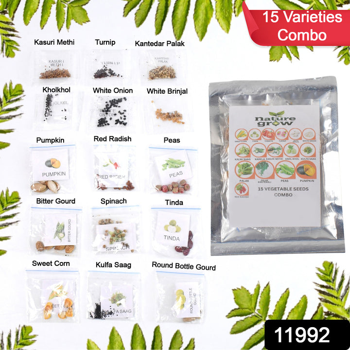 15 vegetable varieties seed pack featuring diverse seeds like spinach, pumpkin, and bitter gourd for home gardening