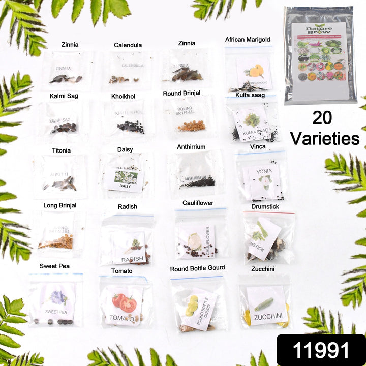 Variety pack of vegetable flower seeds combo with 20 different seed types for gardening