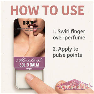Instructions for using Nauve pheromone solid perfume, featuring application tips for enhanced use