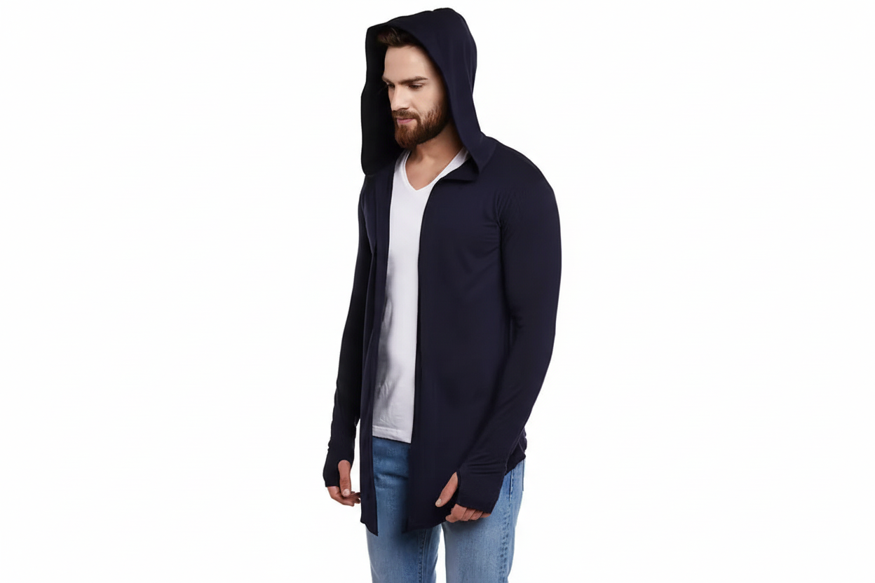 Man wearing a navy blue hooded cardigan  over a white shirt on a white background