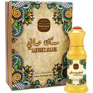 Musk Safi perfume 50ml bottle with ornate packaging featuring vibrant colors and intricate designs