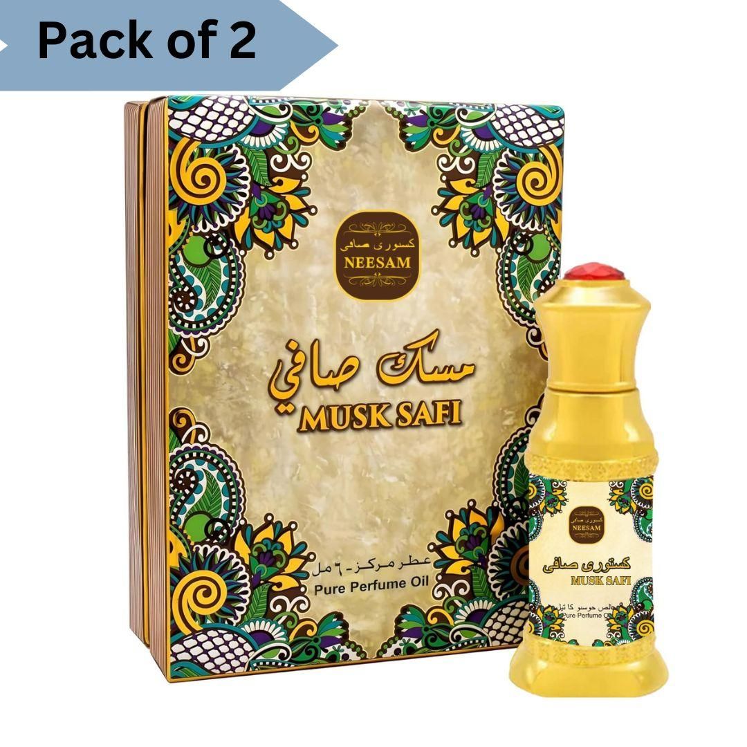 Musk Safi perfume 50ml in ornate packaging with vibrant floral design and gold cap by Superior eMart