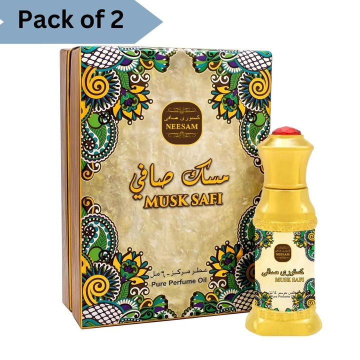 Musk Safi perfume 50ml in ornate packaging with vibrant floral design and gold cap by Superior eMart