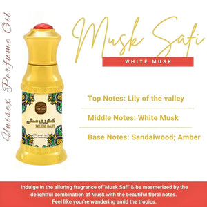 Musk Safi perfume 50ml bottle featuring notes of lily of the valley, white musk, sandalwood, and amber