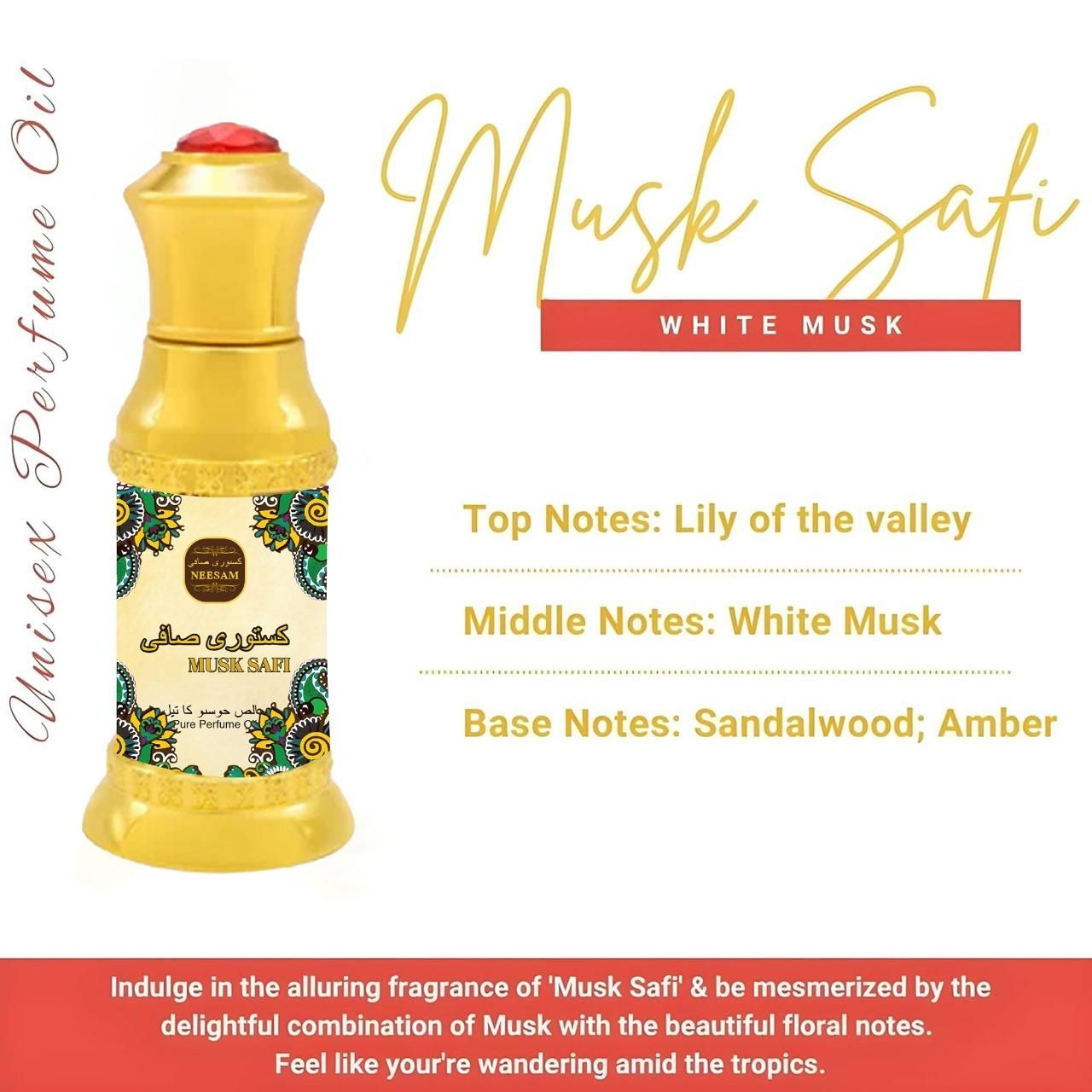 Musk Safi perfume 50ml bottle featuring notes of lily of the valley, white musk, sandalwood, and amber