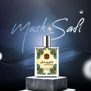 Musk Safi pure perfume 50ml in an elegant bottle with colorful design, featuring a cosmic background