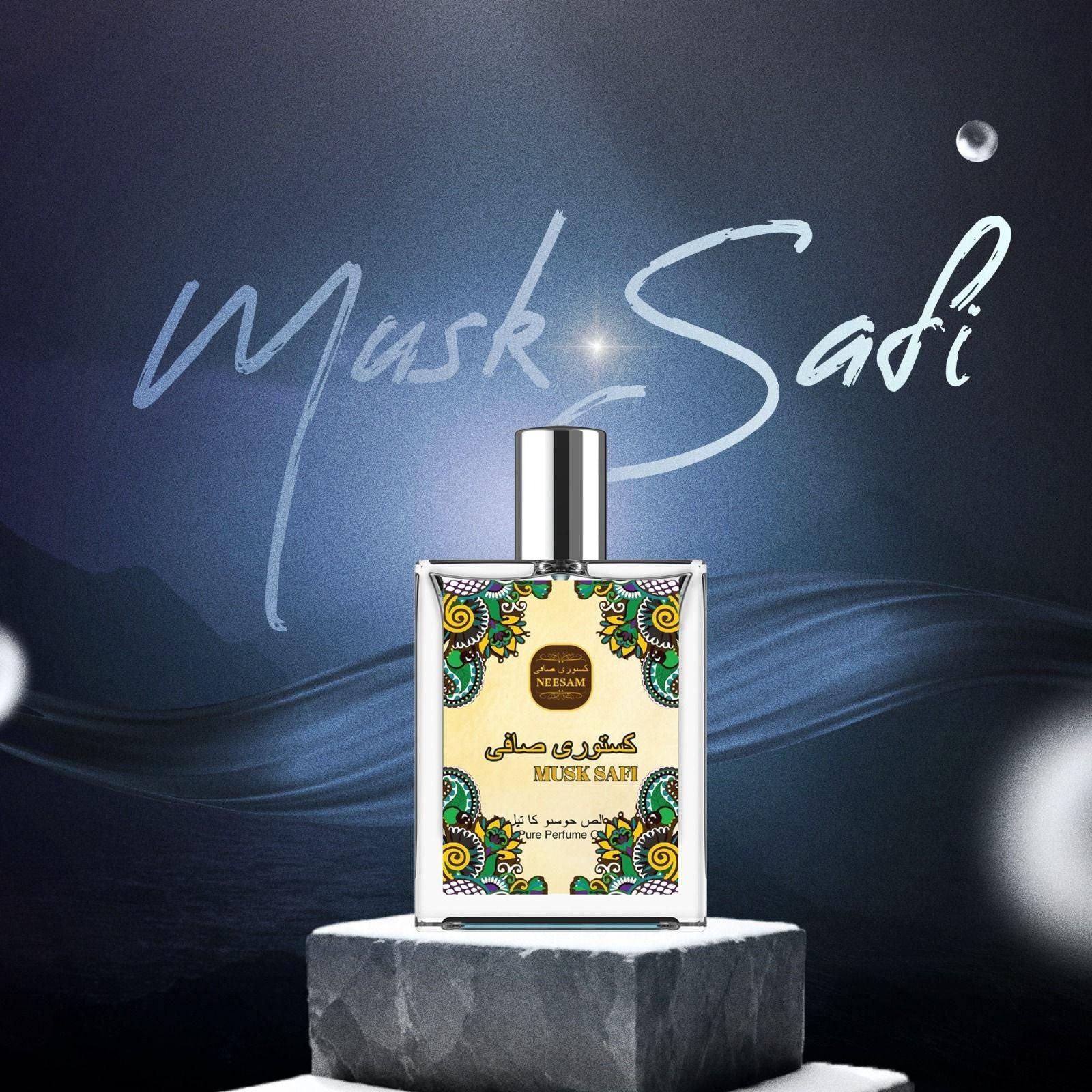 Musk Safi pure perfume 50ml in an elegant bottle with colorful design, featuring a cosmic background