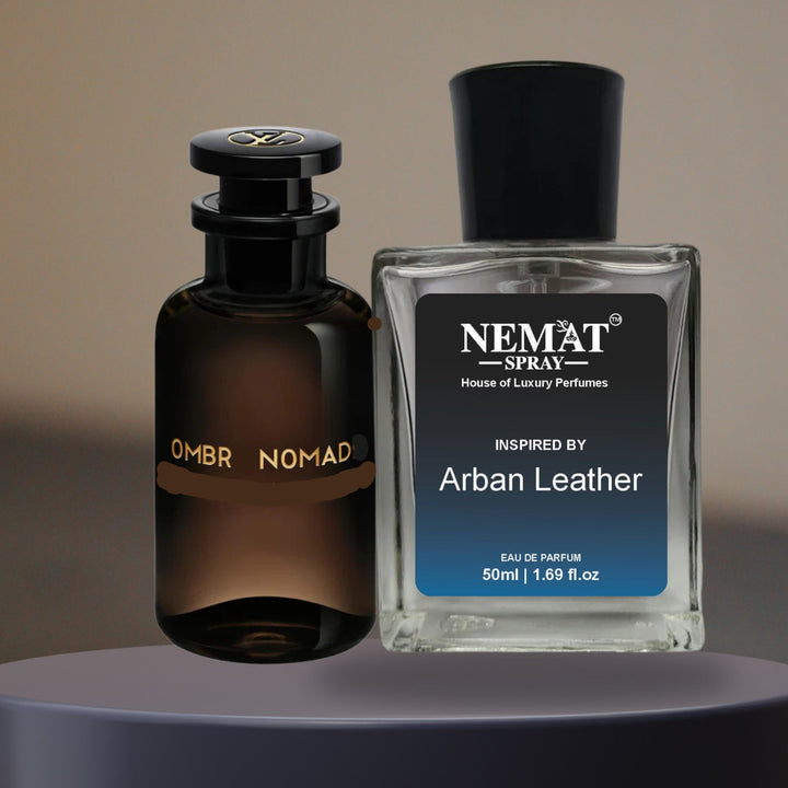 Ambre Nomad Luxury Inspired Perfume pairing amber glass bottle with black cap and clear 50ml Nemat spray bottle