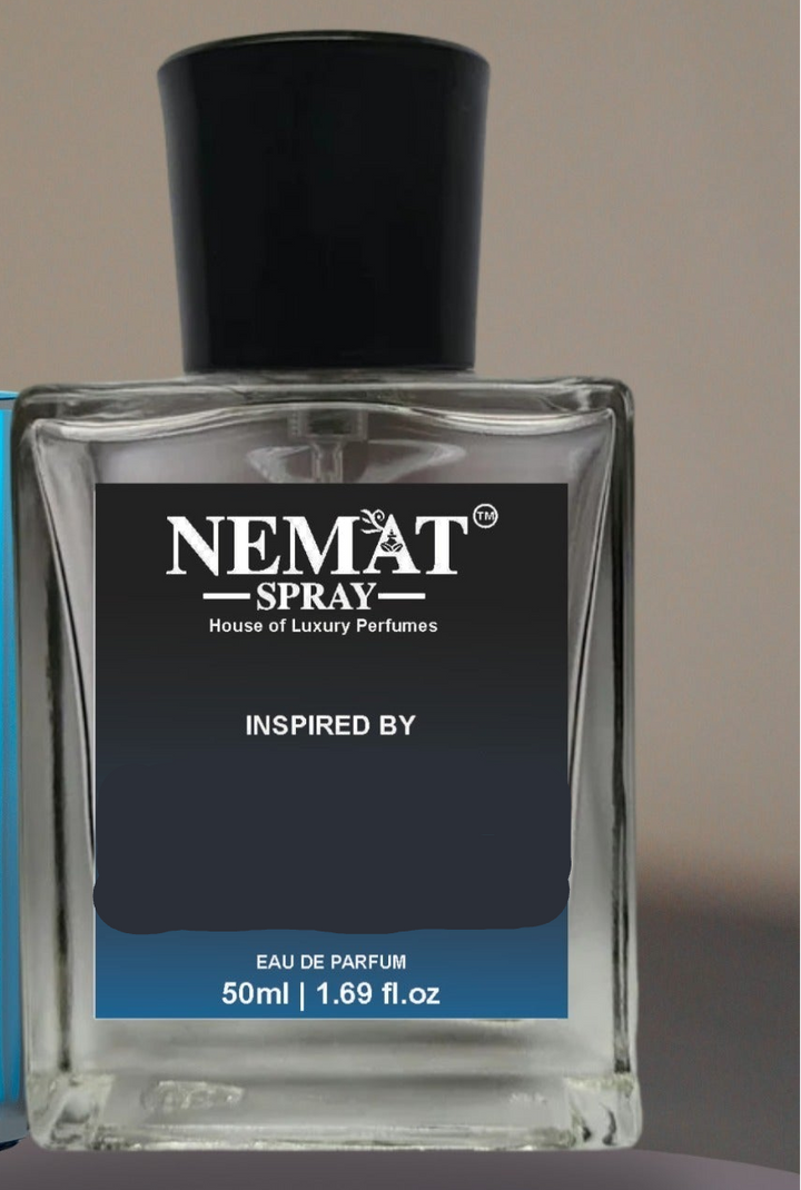 Coool Waters Luxury Inspired Perfume two bottle display with blue eau de toilette and clear NEMAT spray bottle