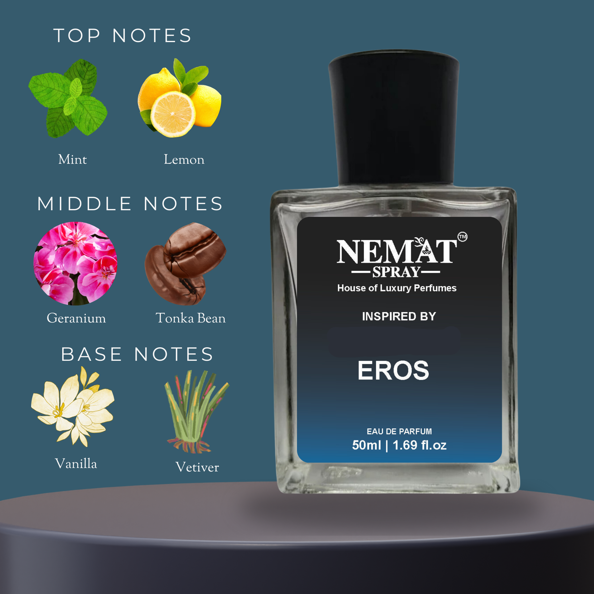 Nemat Spray Eros Inspired Perfume for Men 50ml bottle with mint lemon geranium tonka bean vanilla and vetiver notes