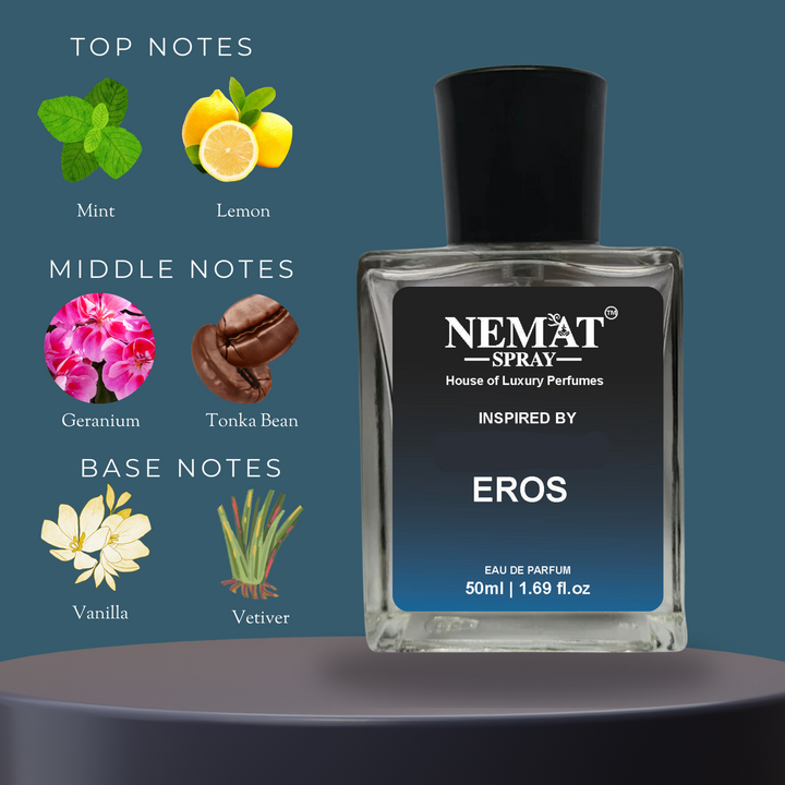 Nemat Spray Eros Inspired Perfume for Men 50ml bottle with mint lemon geranium tonka bean vanilla and vetiver notes