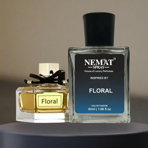 Two perfume bottles, one gold and one black and clear, on a gray background with 'Nemat' branding.
