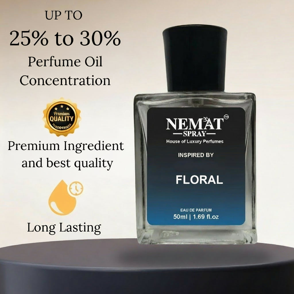 Nemat perfume oil bottle with promotional text on a neutral background