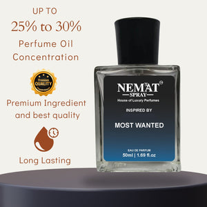 Superior eMart clear glass perfume bottle with black cap labeled Nemat inspired by Most Wanted Luxury Inspired Perfume