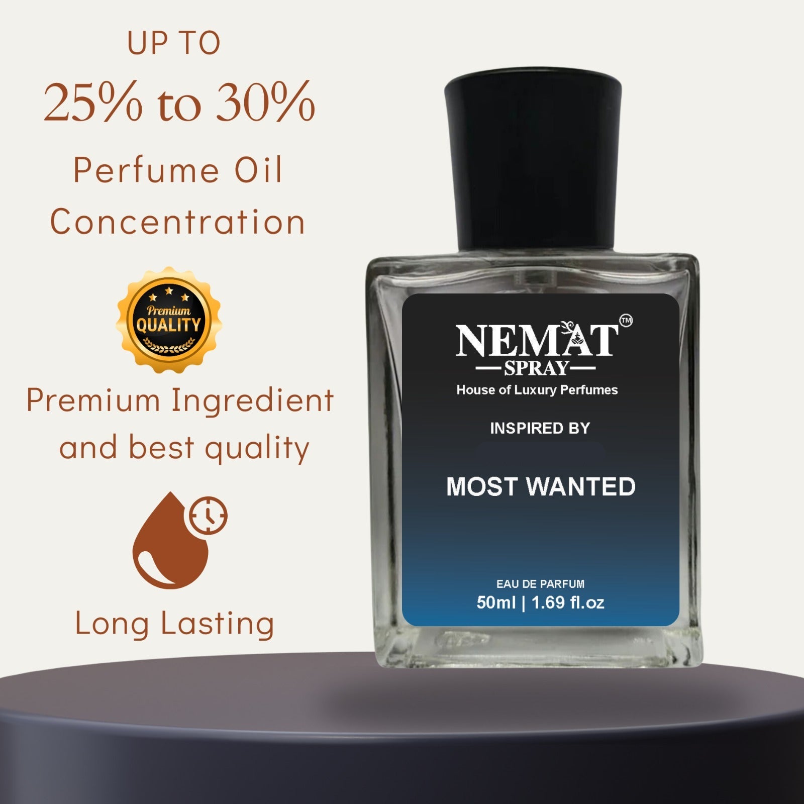 Superior eMart clear glass perfume bottle with black cap labeled Nemat inspired by Most Wanted Luxury Inspired Perfume