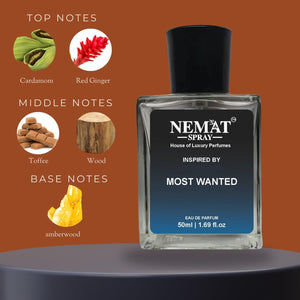 Nemat Spray Most Wanted Luxury Inspired Perfume in 50ml bottle with top, middle, and base notes