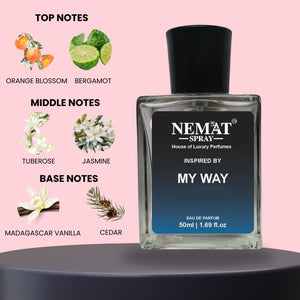 Nemat perfume bottle featuring My Way Luxury Inspired Perfume with notes of orange blossom jasmine vanilla cedar