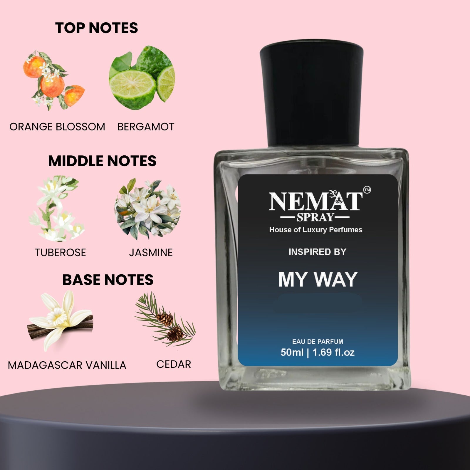 Nemat perfume bottle featuring My Way Luxury Inspired Perfume with notes of orange blossom jasmine vanilla cedar