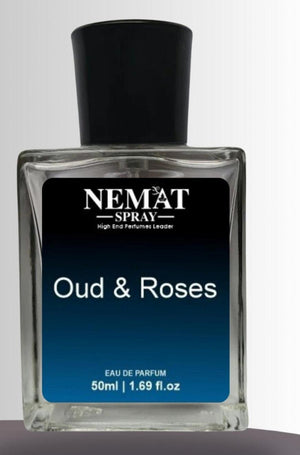 Nemat Oud & Roses Luxury Inspired Perfume in a 50ml bottle with a sleek design