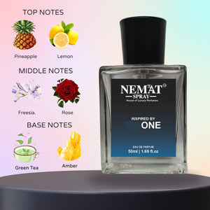 NEMAT Spray Inspired by One Perfume for Men with notes of pineapple, lemon, freesia, and amber.