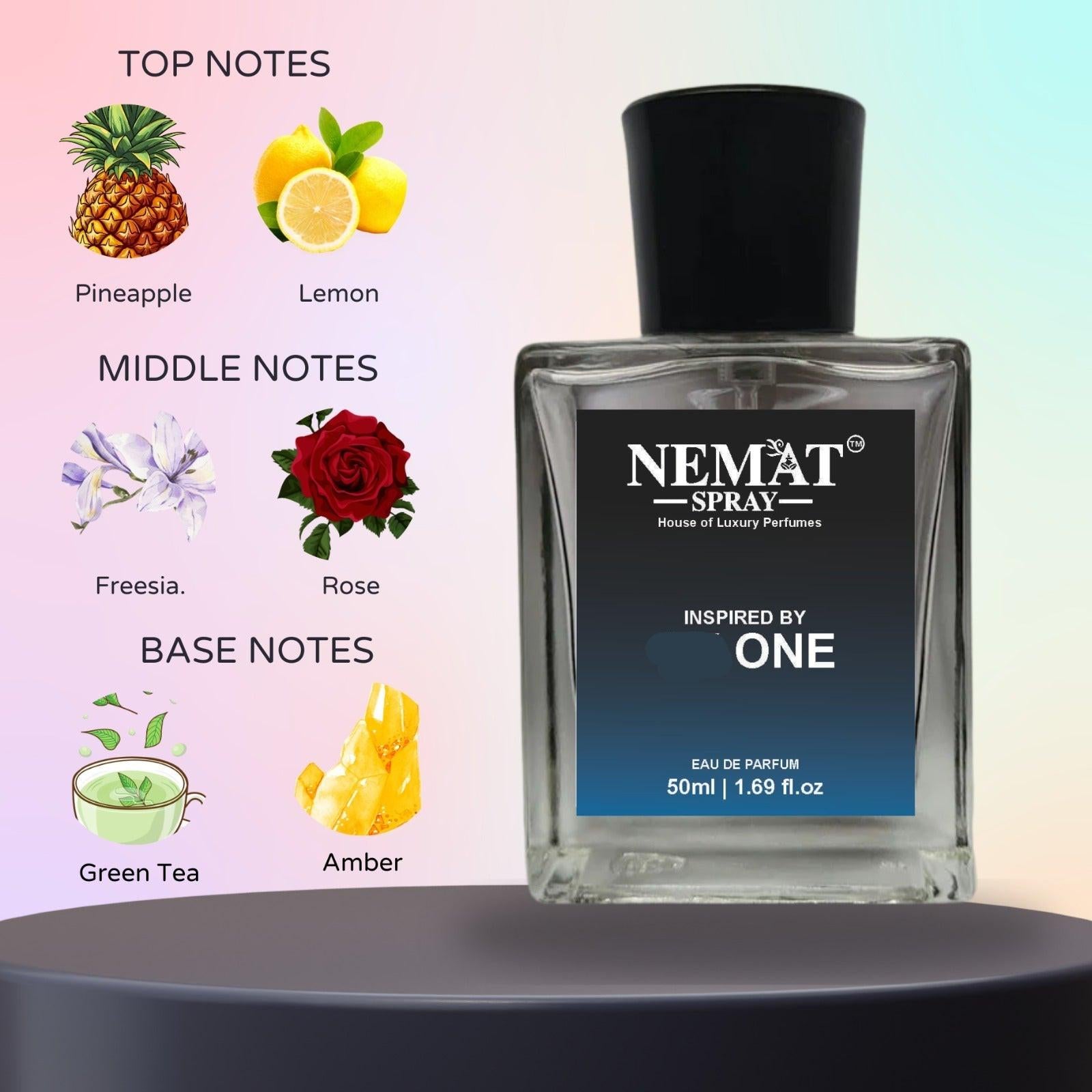 NEMAT Spray Inspired by One Perfume for Men with notes of pineapple, lemon, freesia, and amber.