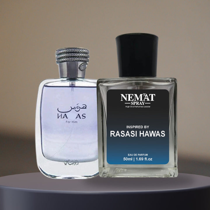 Two mens perfume bottles on display including RRassassi Hawwass - Luxury Inspired Perfume glass bottle on pedestal