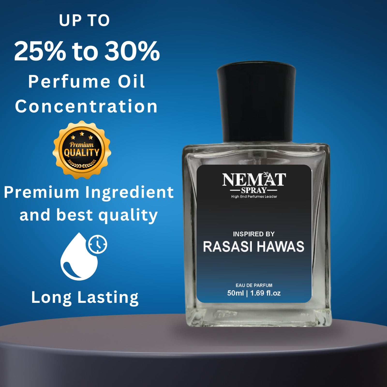 Square glass perfume bottle on blue background Nemat Spray 50ml label RRassassi Hawwass - Luxury Inspired Perfume.