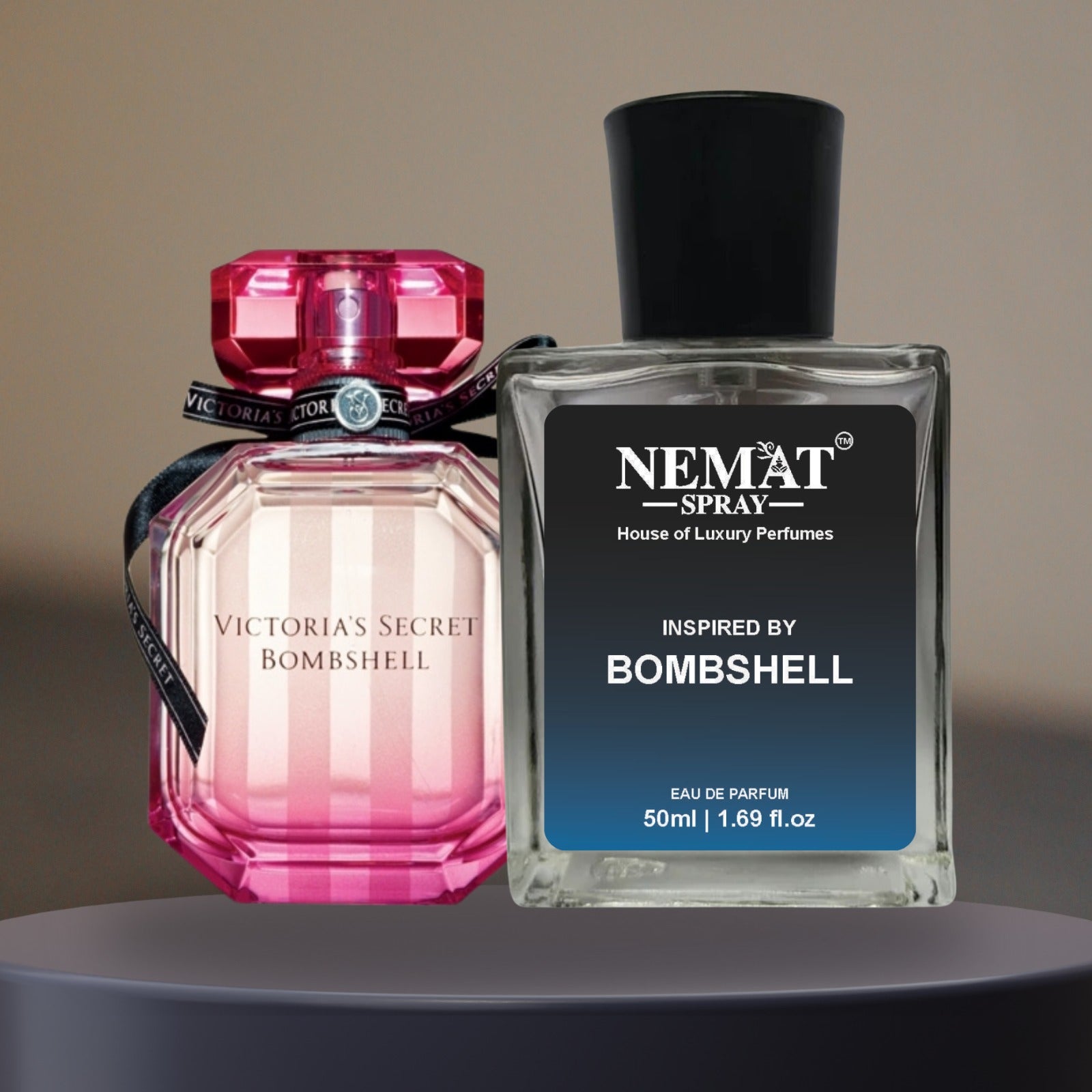 Bombshell Perfume for Women - Luxury Inspired Perfume two glass spray bottles showing pink Victorias Secret and NEMAT