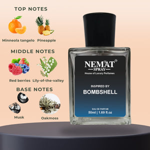 Nemat 50ml glass perfume bottle with fragrance notes diagram for Bombshell Perfume for Women - Luxury Inspired Perfume.