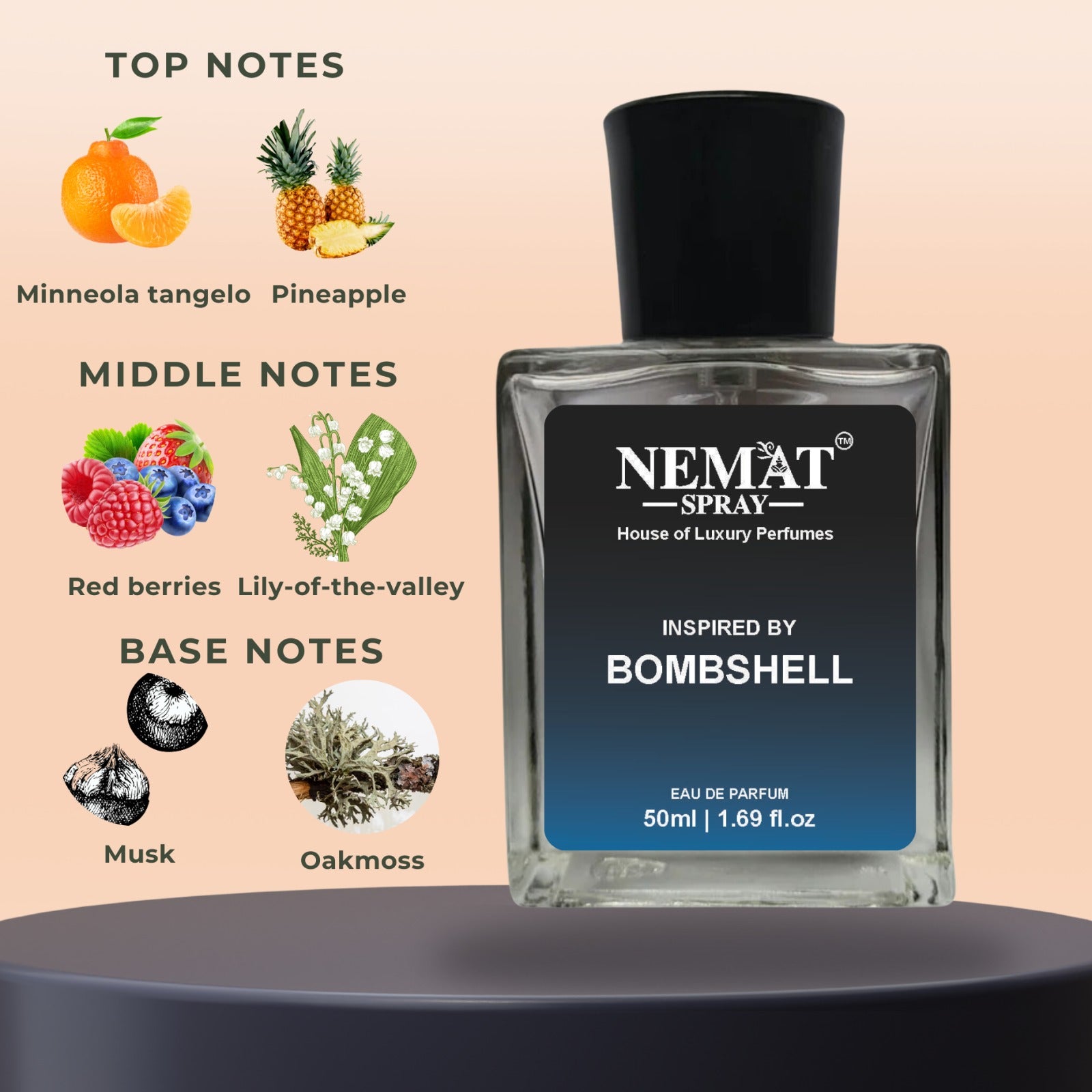 Nemat 50ml glass perfume bottle with fragrance notes diagram for Bombshell Perfume for Women - Luxury Inspired Perfume.