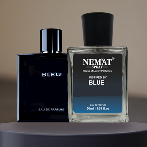 Bluue Dee Inspired Perfume for Men Luxury Scent with two elegant glass bottles displayed on a round surface