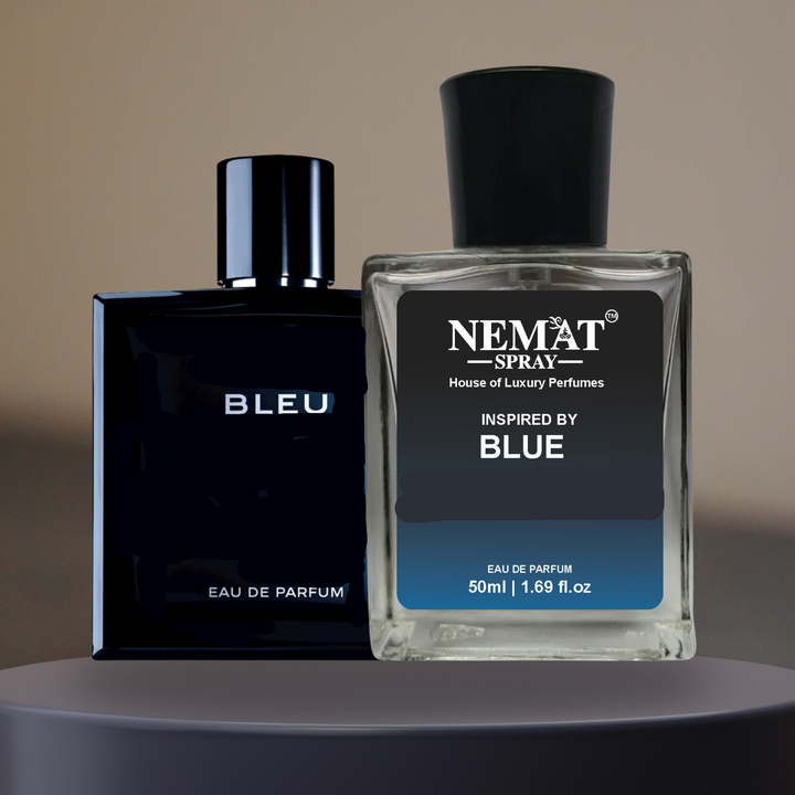 Bluue Dee Inspired Perfume for Men Luxury Scent with two elegant glass bottles displayed on a round surface