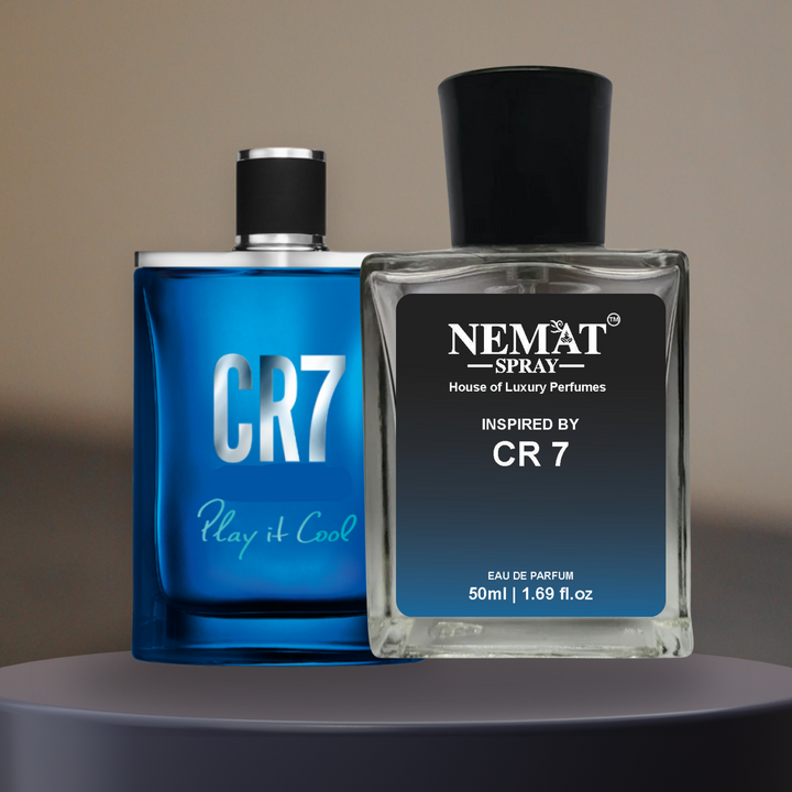 Pair of mens fragrance bottles featuring CR7 blue spray and Nemat 50ml clear bottle CR7 - Luxury Inspired Perfume