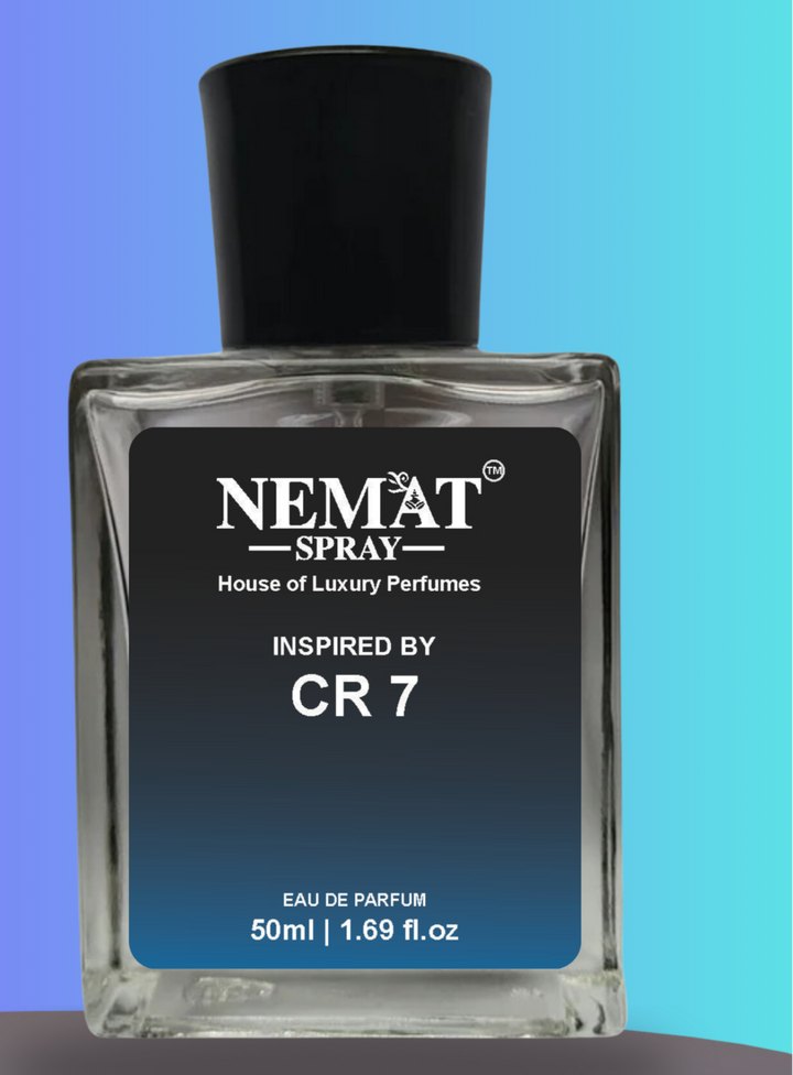 NEMAT Spray 50ml clear glass perfume bottle with black cap labeled Inspired by CR 7 CR7 - Luxury Inspired Perfume