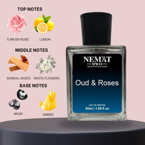 Nemat Spray bottle of Oud & Roses Luxury Inspired Perfume showing bottle and scent notes rose lemon sandalwood musk amber