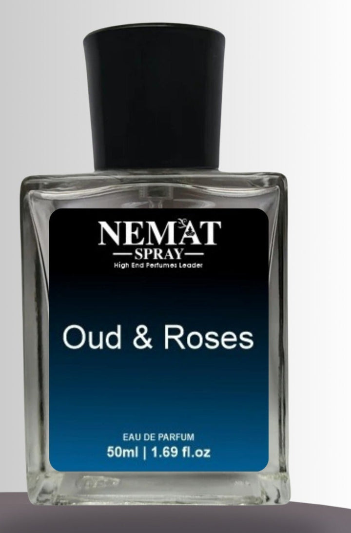 Superior eMart Nemat Spray clear glass perfume bottle with black cap Oud & Roses Luxury Inspired Perfume 50ml blue label