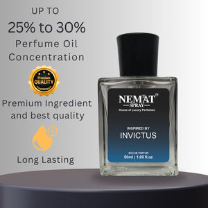 Pacco Rabbanne - Iiinvictus Perfume for Men - Luxury Inspired Perfume. Clear glass bottle with black cap and blue Invictus label