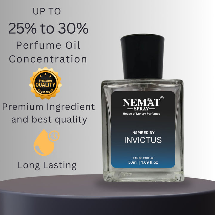 Pacco Rabbanne - Iiinvictus Perfume for Men - Luxury Inspired Perfume. Clear glass bottle with black cap and blue Invictus label