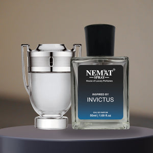 Nemat Spray square bottle and silver trophy bottle on stand Pacco Rabbanne - Iiinvictus Perfume for Men - Luxury Inspired Perfume.